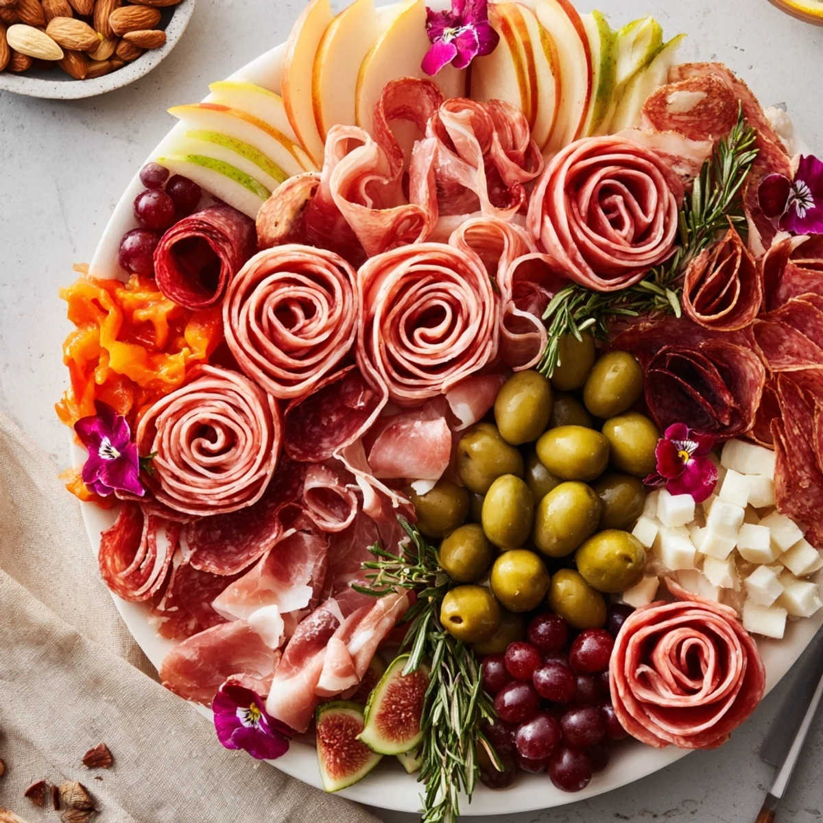 An Advanced Artisan Array charcuterie board laden with meats, cheeses, fruits, and garnishes galore.