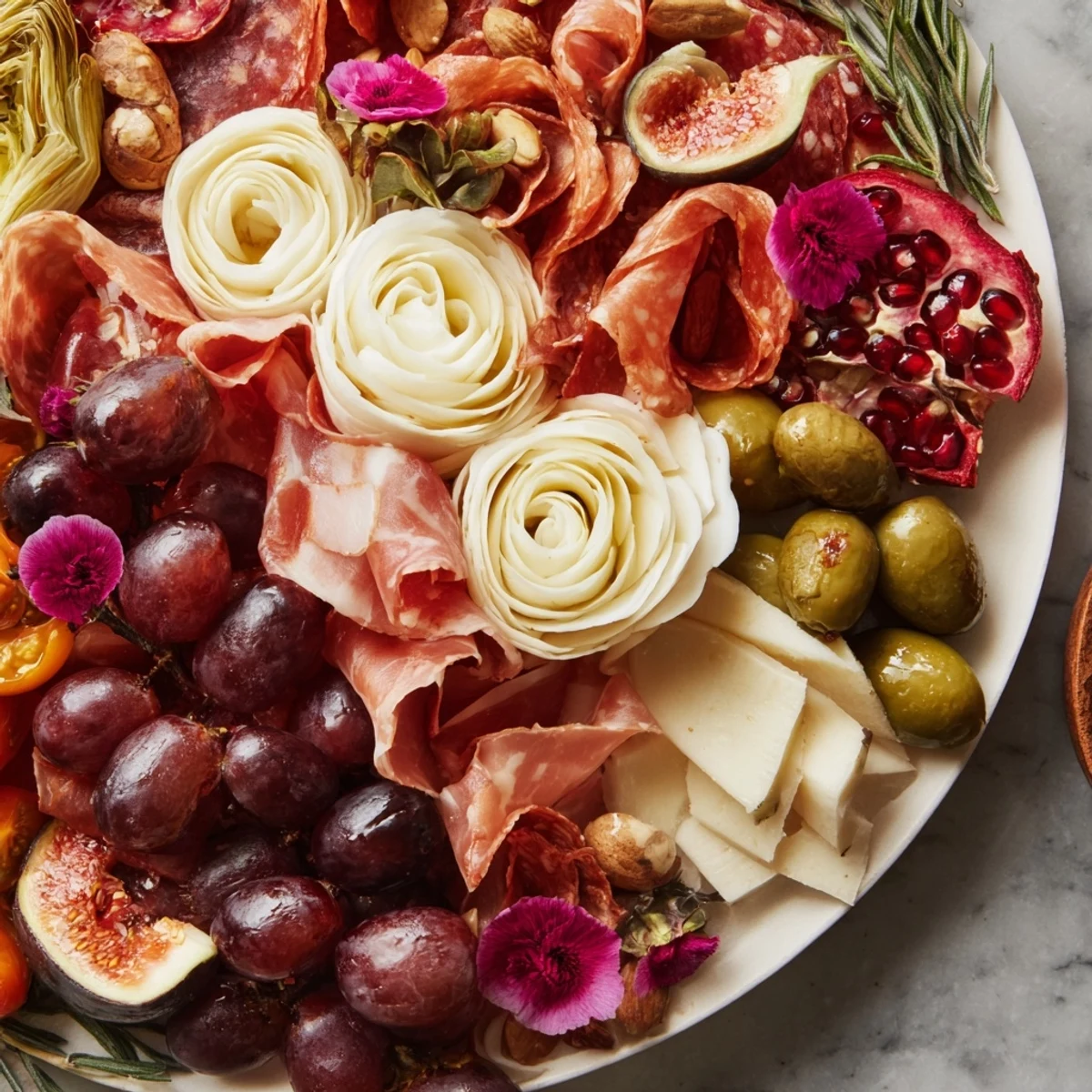 A visually stunning Advanced Artisan Array, featuring cheese roses, cured meats, and fresh colorful fruits to adore.