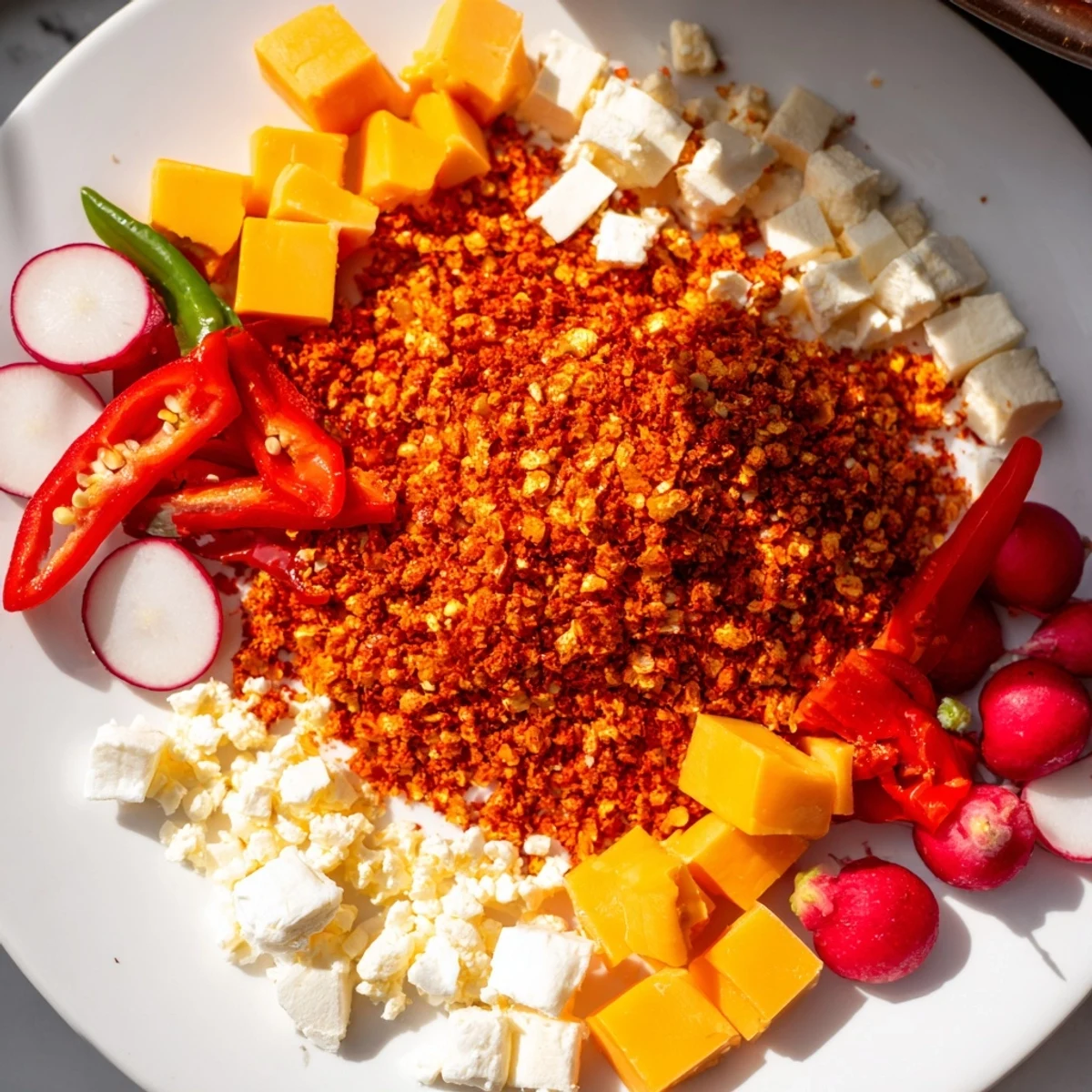 Vibrant Spicy Hot Take Platter boasting colorful veggies, cheeses, and spicy meats ready to serve.