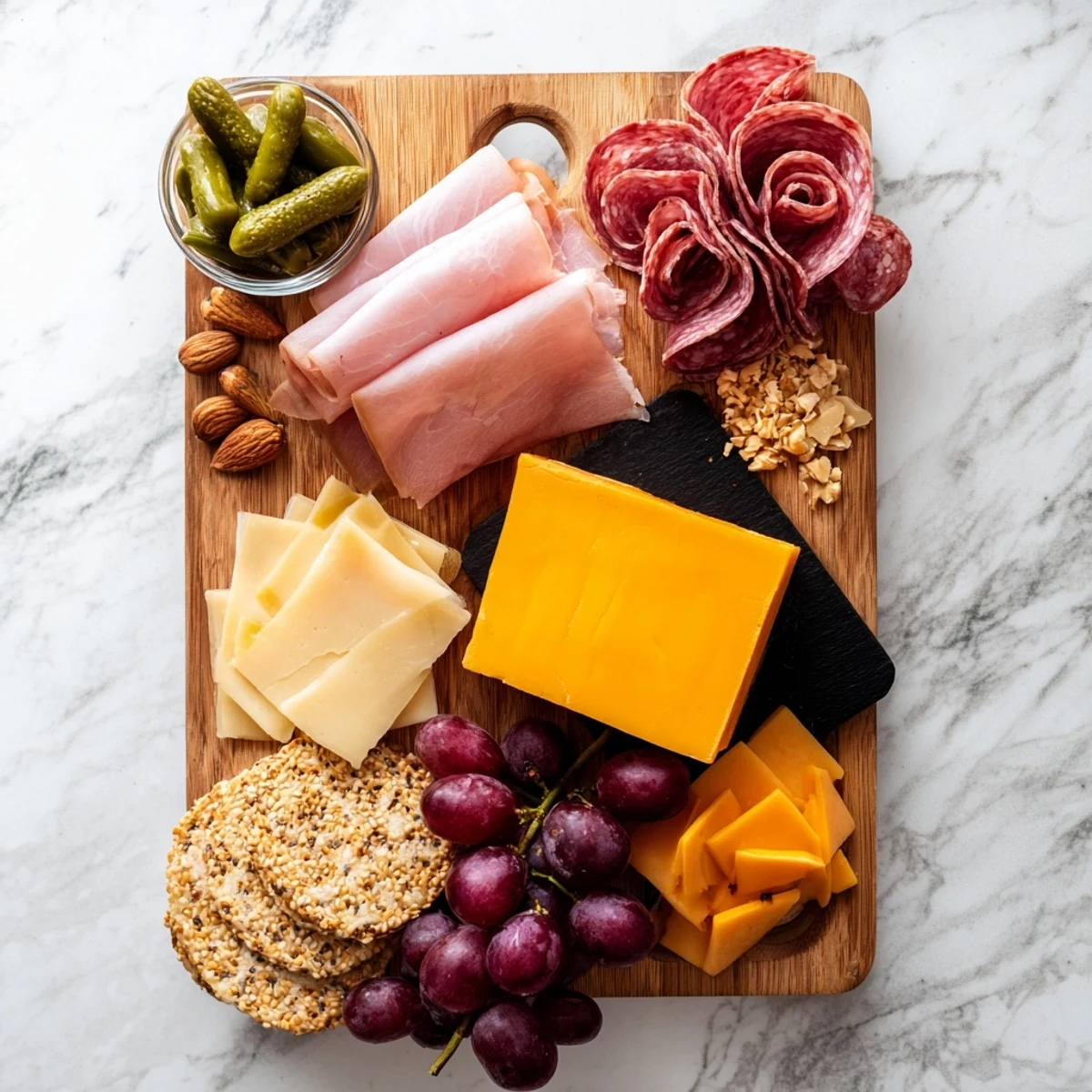 Delectable Charcuterie Board for One, artfully arranged meats, cheeses, and grapes for a solo treat.