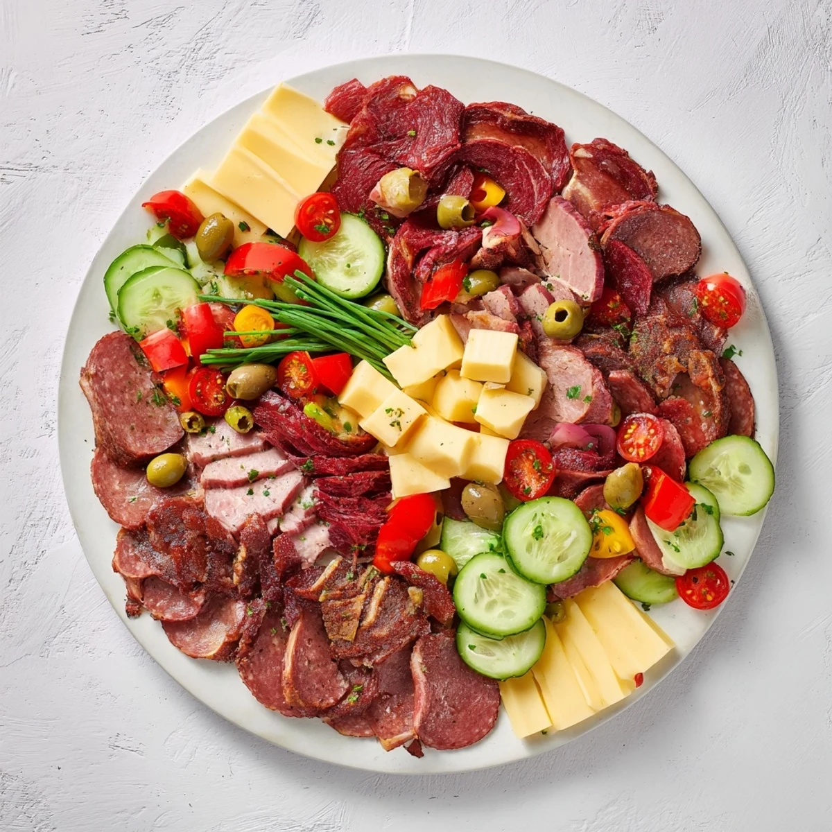 A delicious Keto Power Plate, filled with colorful meats, cheeses, and fresh, crunchy vegetables.