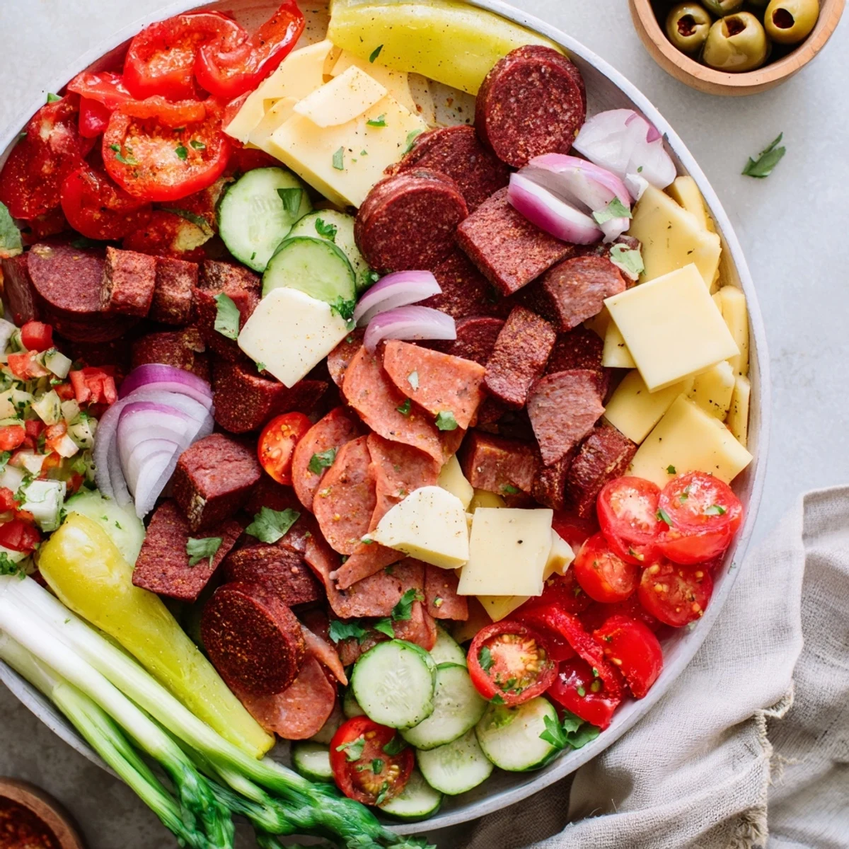 Beautifully arranged Keto Power Plate featuring savory meats, bold cheeses, and vibrant, low-carb veggies, perfect for serving.