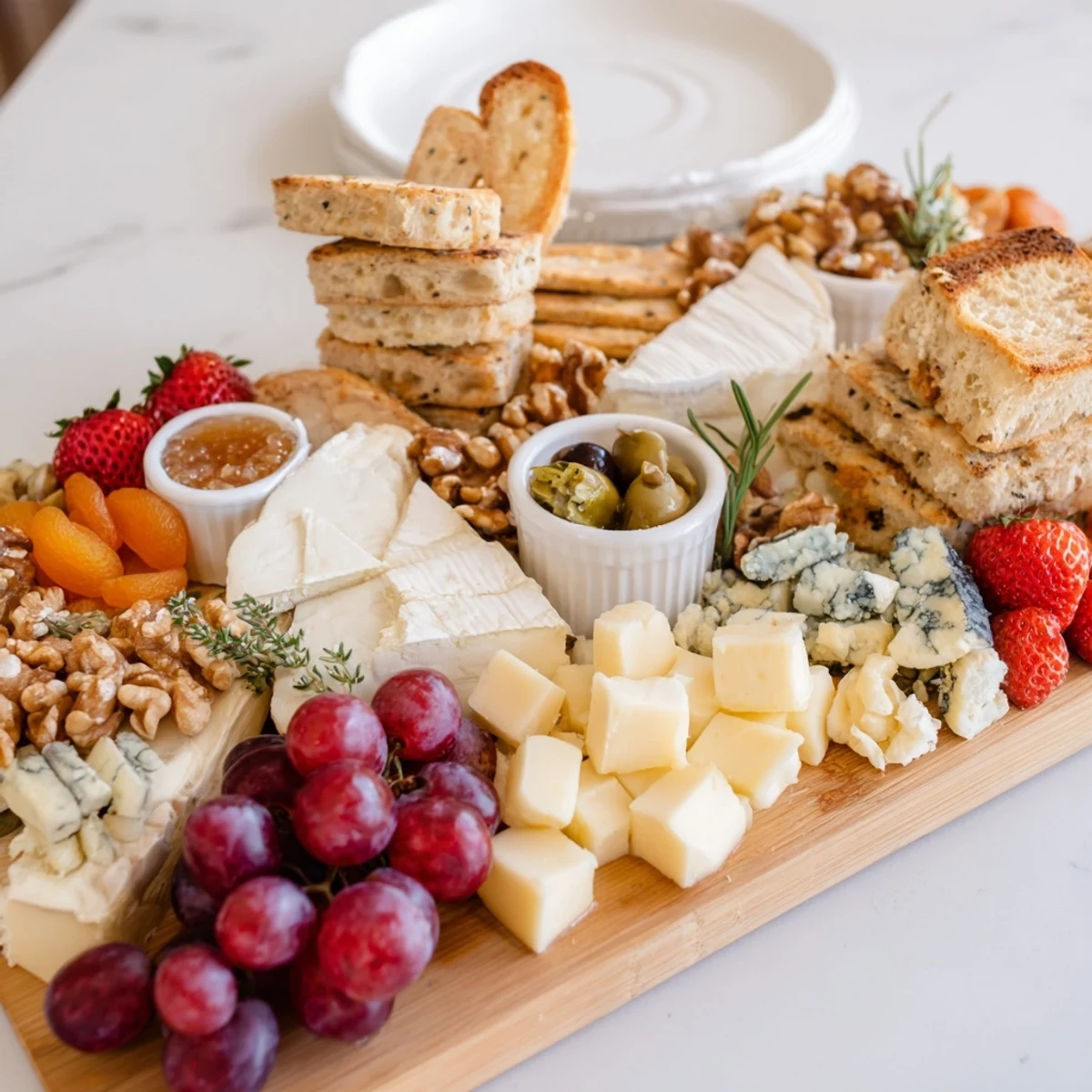A Waterfall Edge Grazing Board overflowing with cheeses, fruits, and meats ready to serve guests