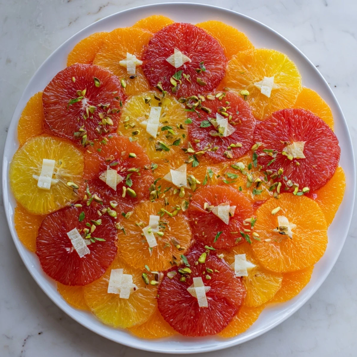 An artful Clockwork Orange appetizer arrangement, showcasing a cheese clock within bright citrus rounds.