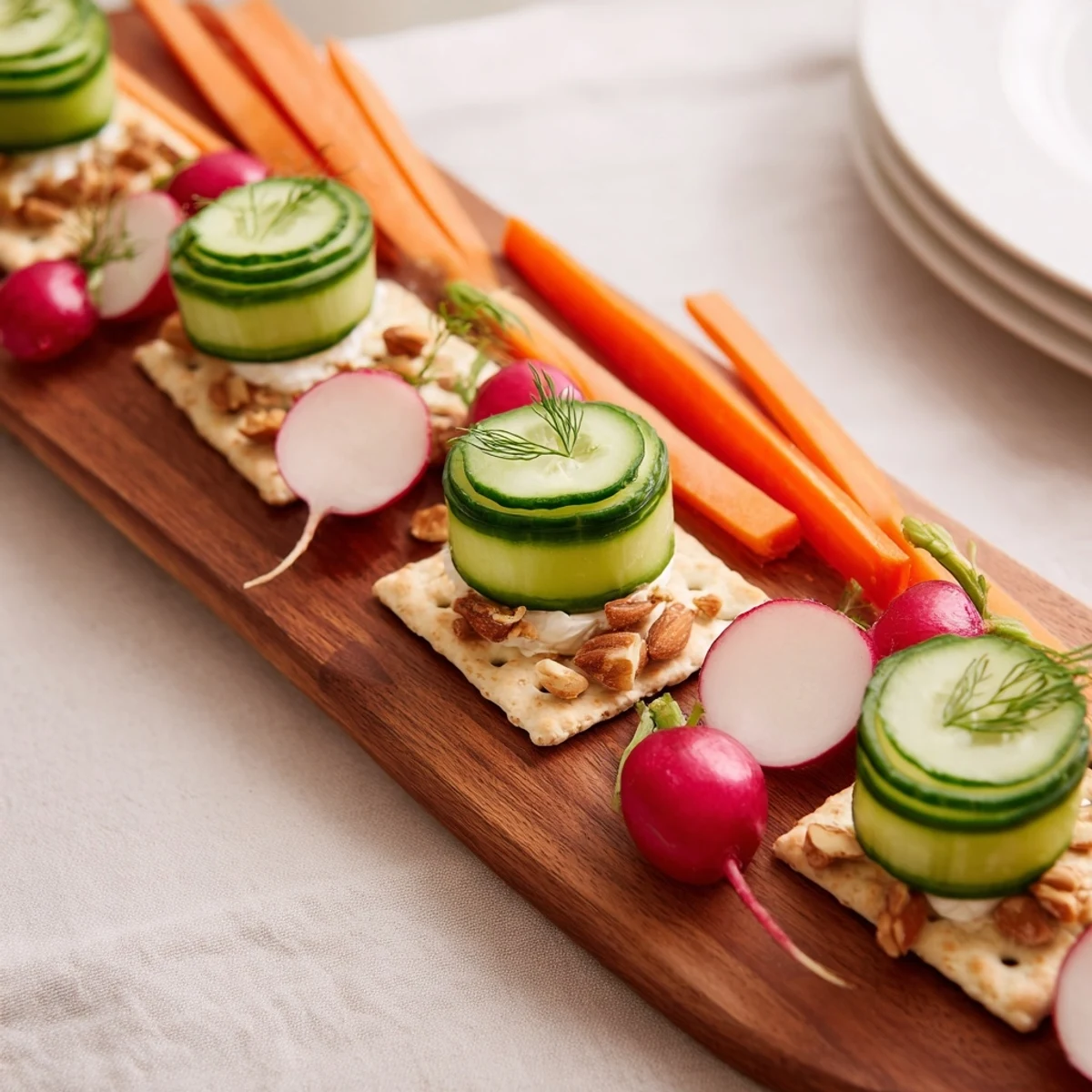 A visually balanced The Zen Balance appetizer board with vibrant veggies and goat cheese rounds.