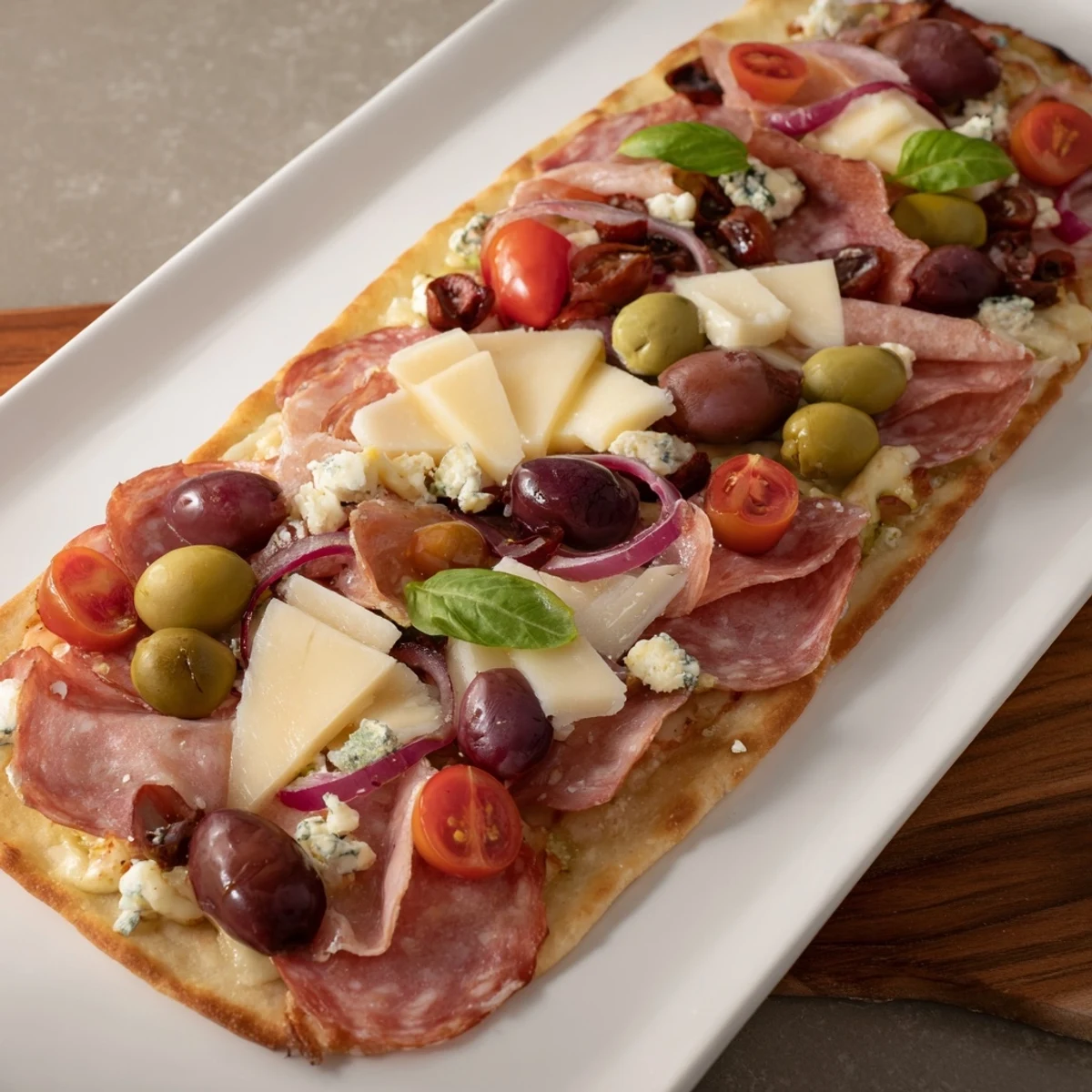 A delicious Rustic Raft appetizer with salami, brie, and other gourmet ingredients arranged beautifully.