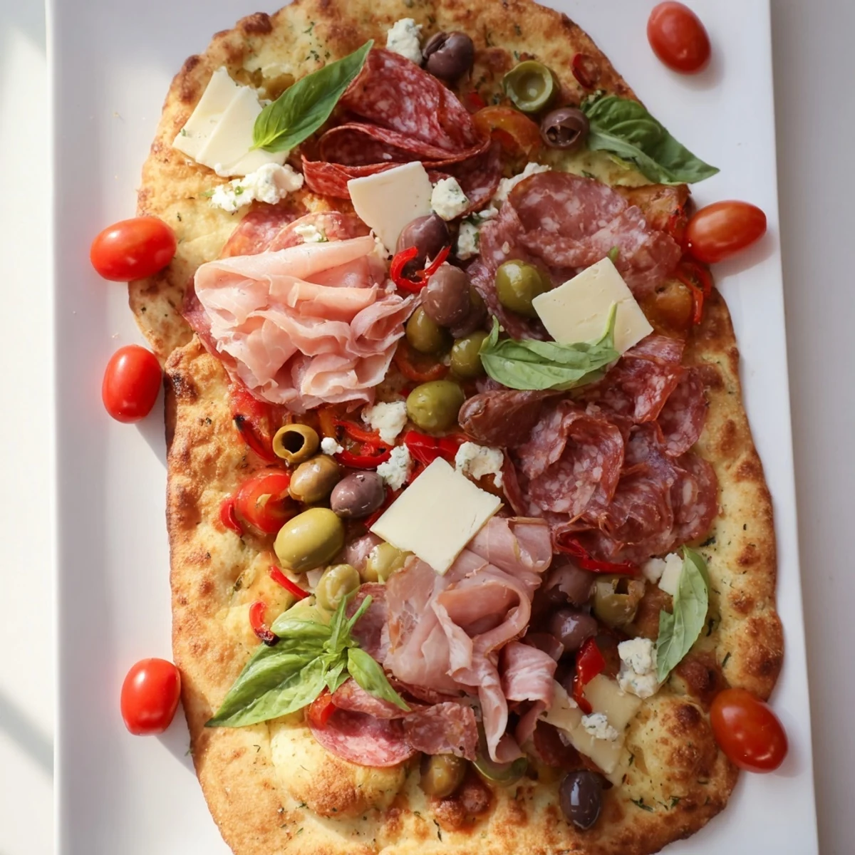 Warm, crusty flatbreads laden with meats and cheeses, creating a delightful Rustic Raft feast for sharing.