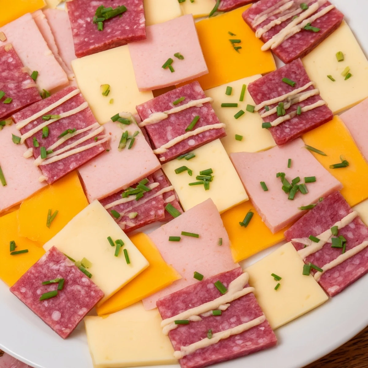 Colorful and delicious patchwork quilt appetizer, artful arrangement of meats, cheeses, and tangy mustard.