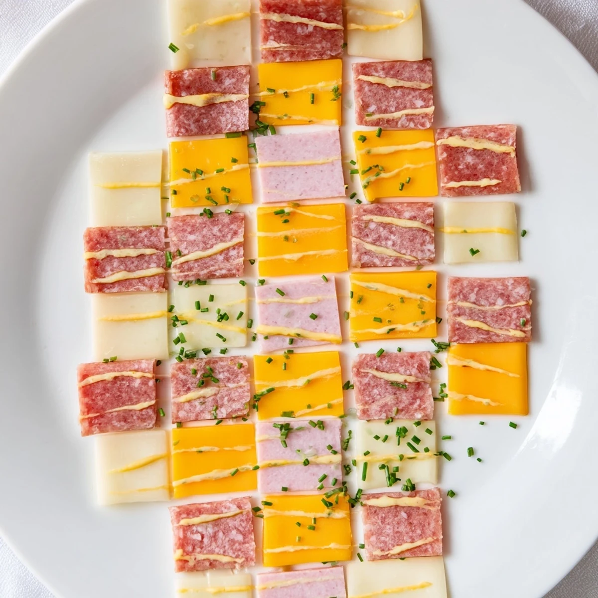 A visually appealing patchwork quilt, savory meats and cheese squares with mustard threads, ready to serve.