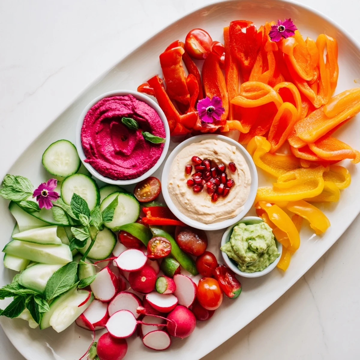 Vibrant Vegan Global Gardener Platter: colorful fresh vegetables and fruit arranged artfully with dips.