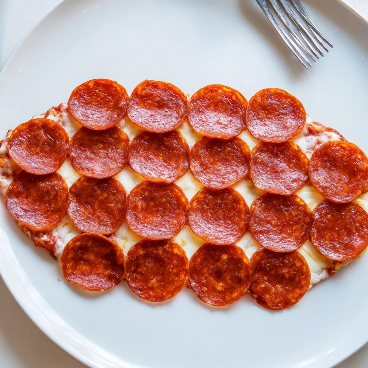 A close-up view of the Dragon Scale appetizer: crispy pepperoni atop oozing melted cheese.