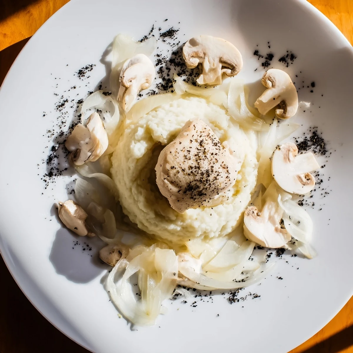 A plate of The Ghostly Gala: tender chicken with creamy cauliflower and shadowy pepper.