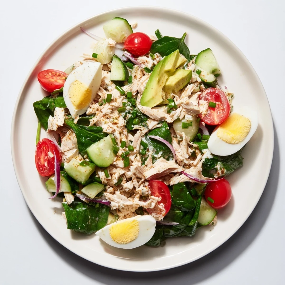Juicy shredded chicken and egg salad combine with fresh veggies and tangy dressing perfectly.