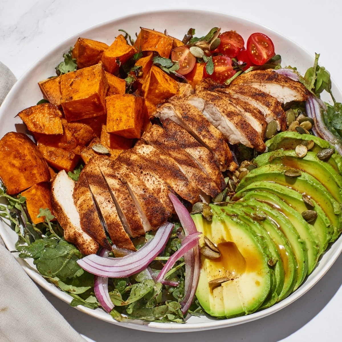 Fresh Avocado and Sweet Potato Chicken Bowl with hot honey drizzle, ready to enjoy for dinner.