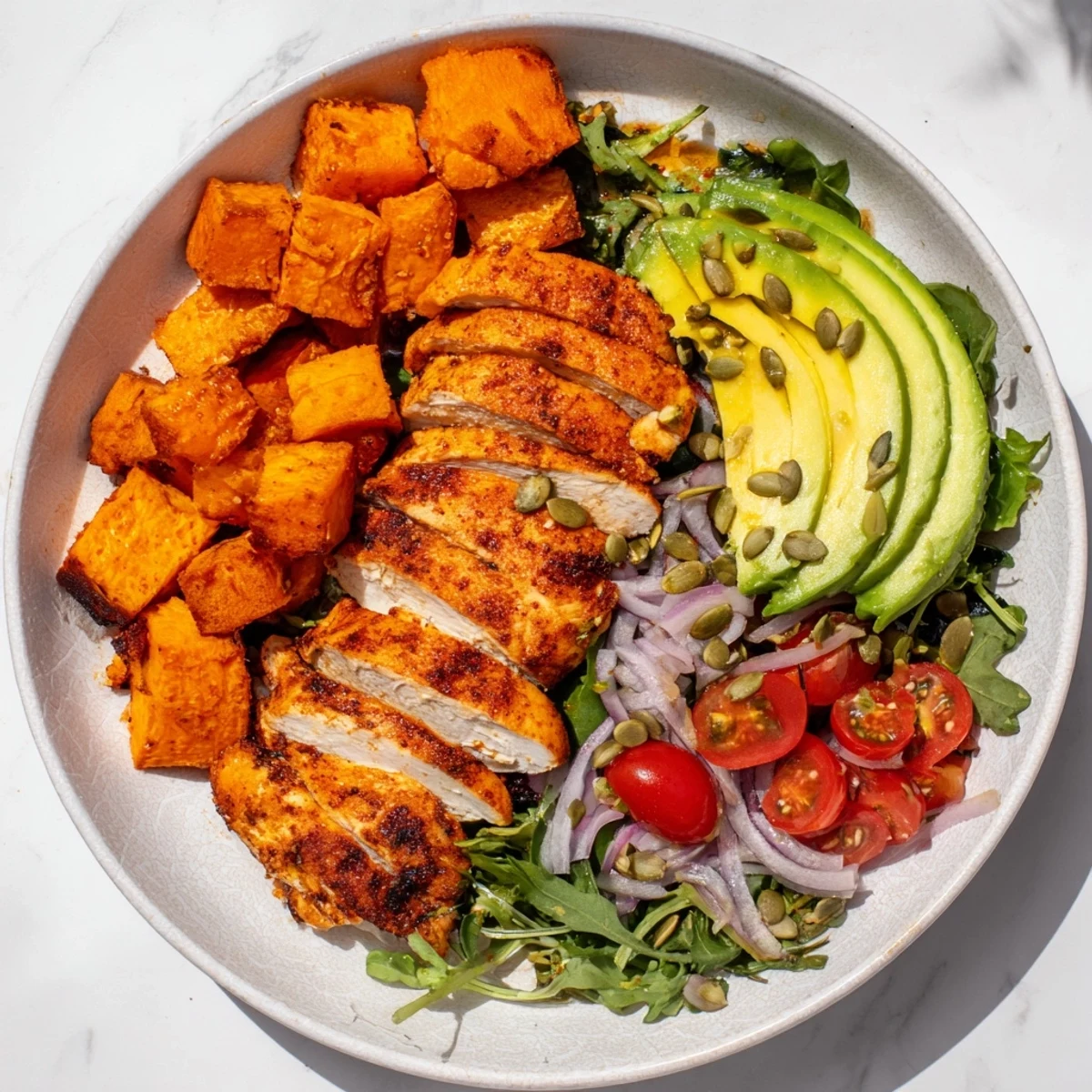 A colorful Avocado and Sweet Potato Chicken Bowl with grilled chicken and roasted vegetables.