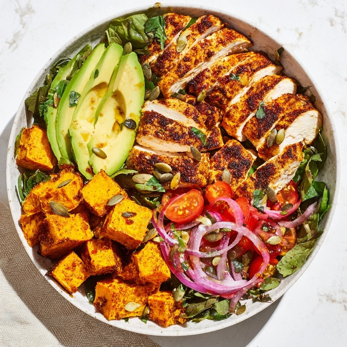 This healthy Avocado and Sweet Potato Chicken Bowl features juicy chicken, fresh avocado, and flavorful sweet potatoes.