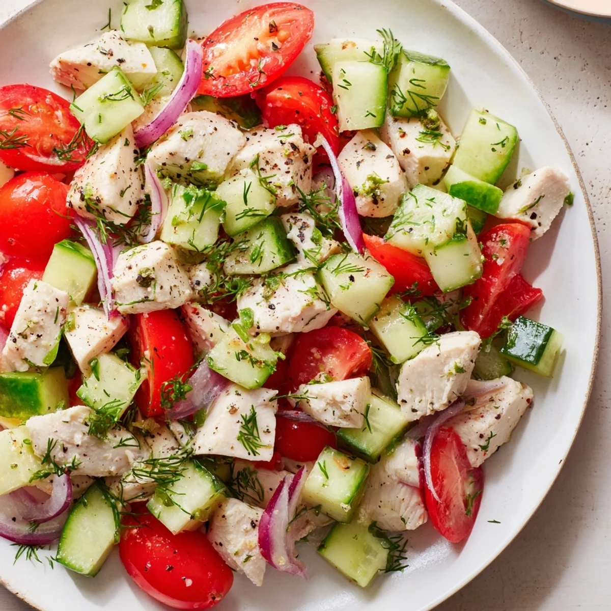 A vibrant Cucumber and Chicken Clean Shaker salad with fresh herbs, ready to be enjoyed.