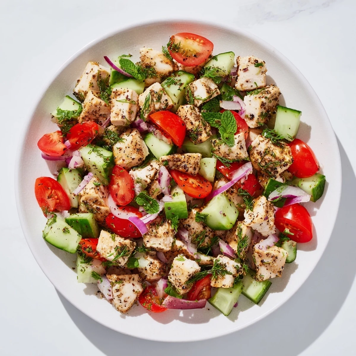 Close-up of a refreshing Cucumber and Chicken Clean Shaker with juicy tomatoes and bright dressing.