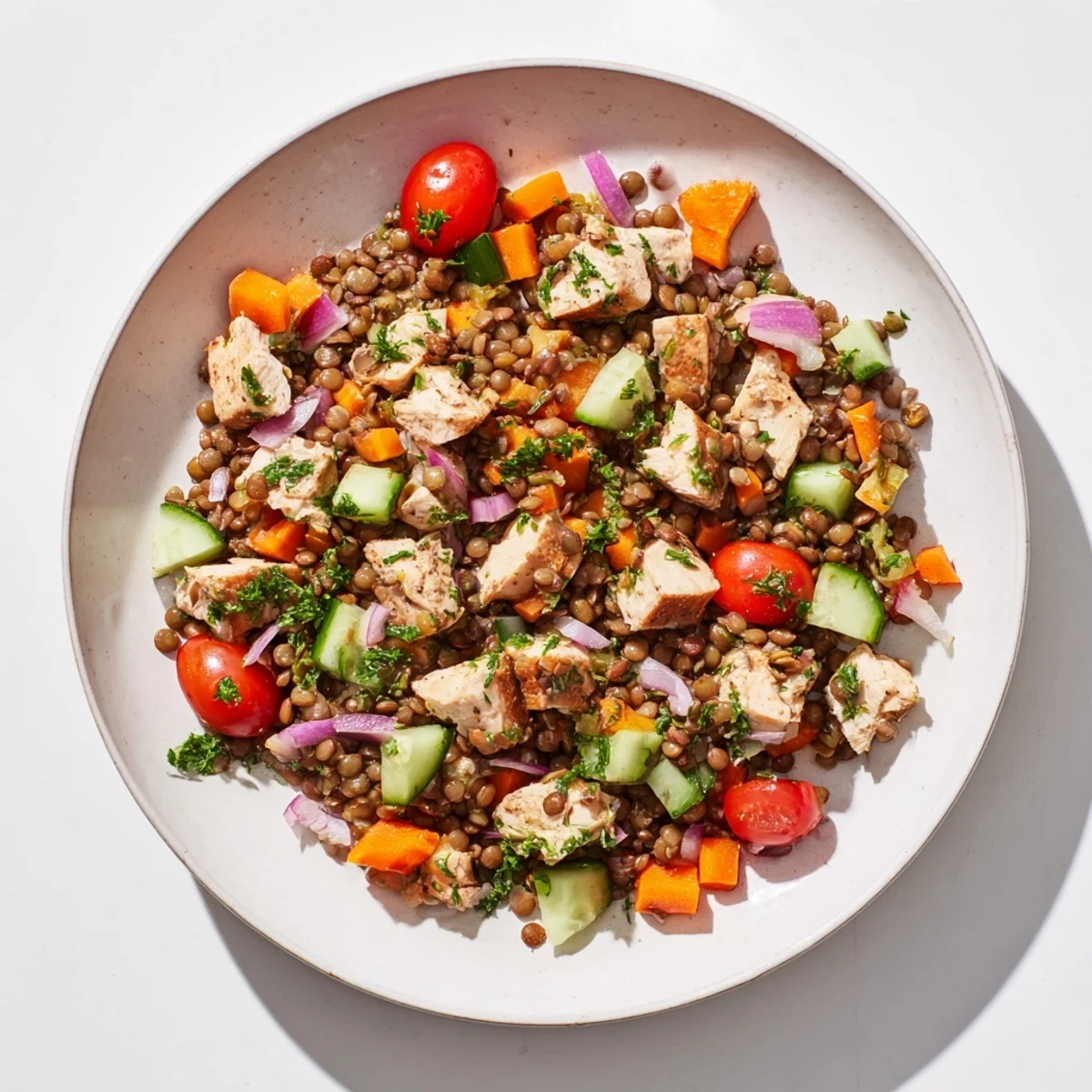 Chicken and Lentil Recession Salad bursting with colors: tomatoes, cucumber, & tender chicken, perfect salad.