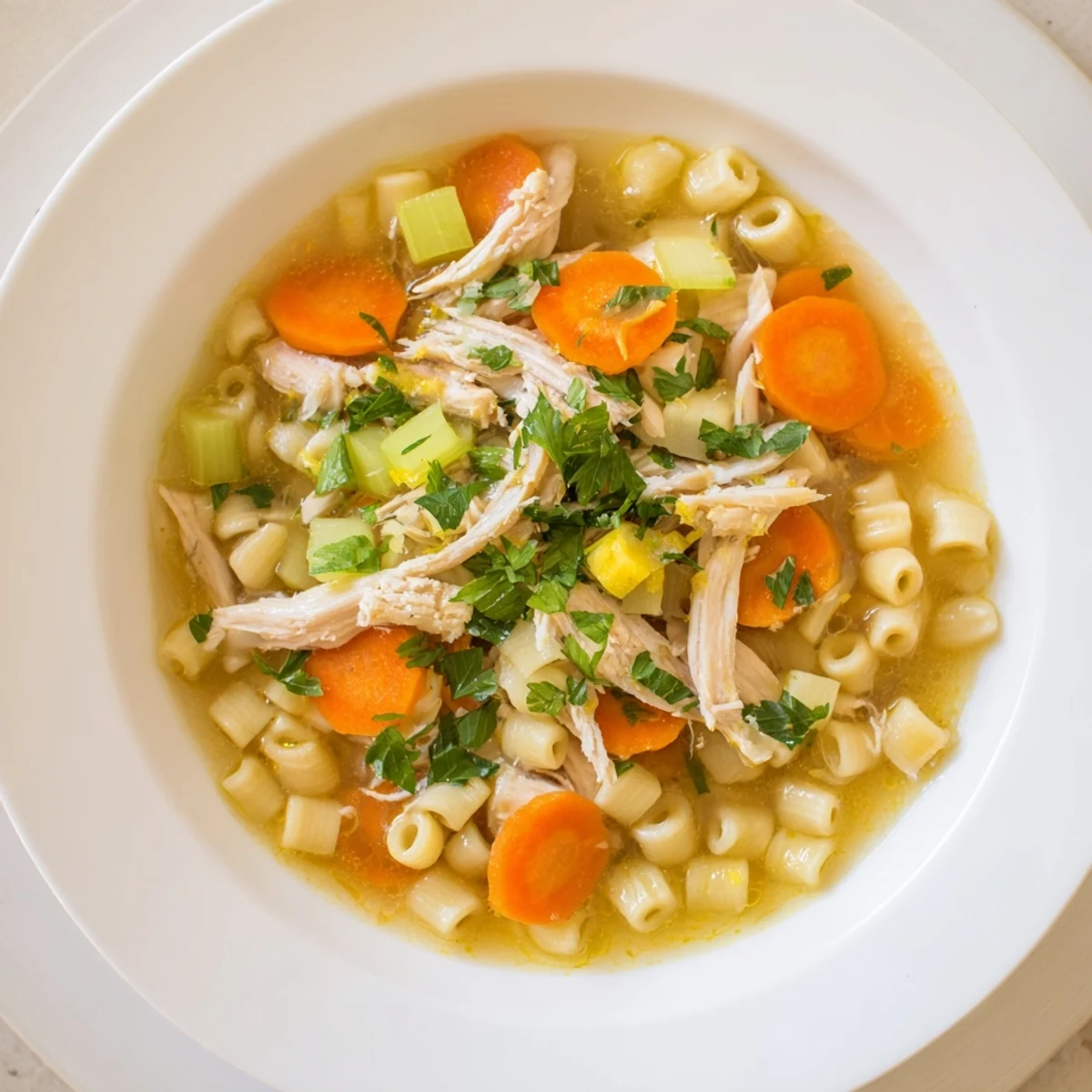 Steaming bowl of Chicken and Ditalini Flu Fighter Soup, fragrant with fresh herbs and served hot.