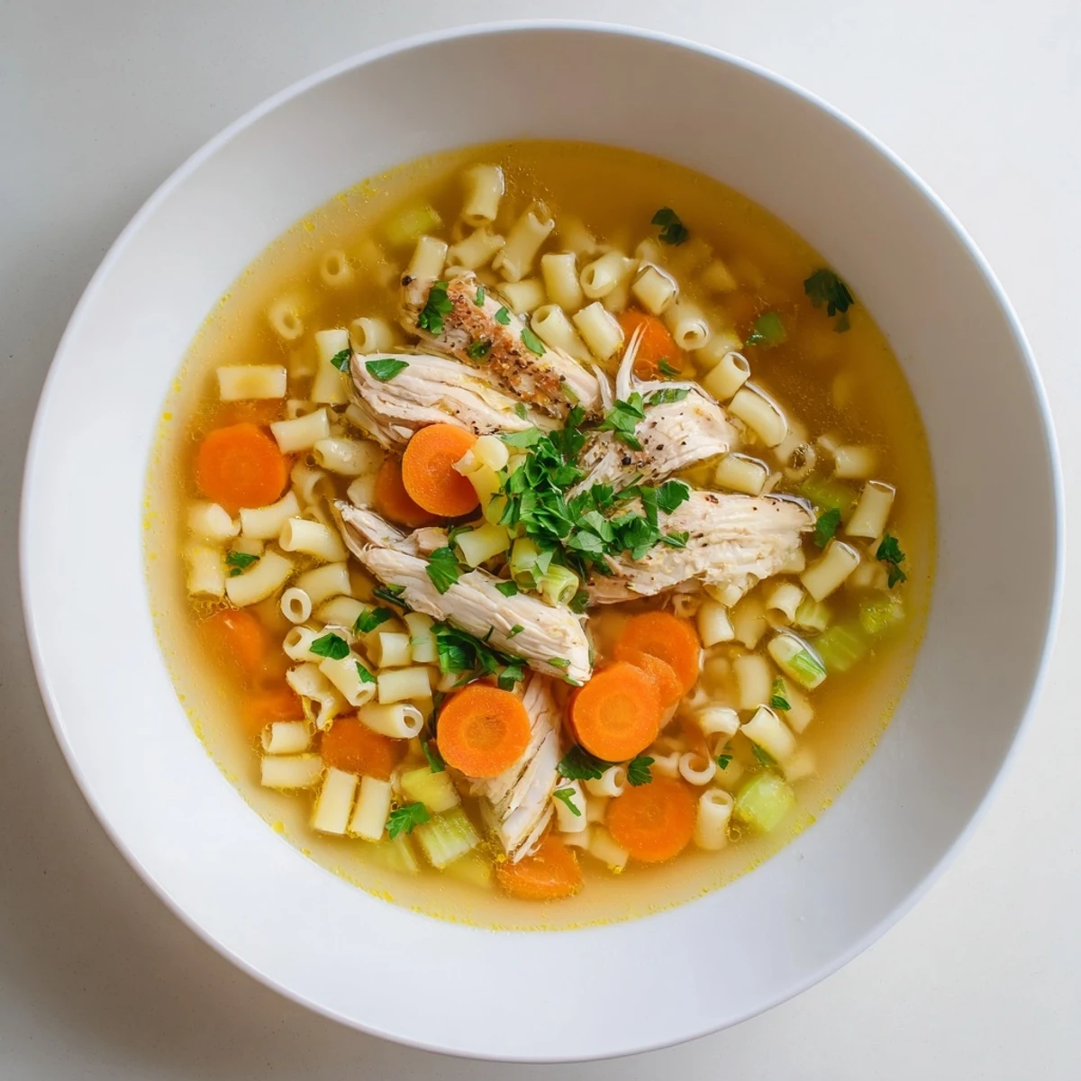 Hearty Chicken and Ditalini Flu Fighter Soup with tender chicken and bright carrots, ready to eat.