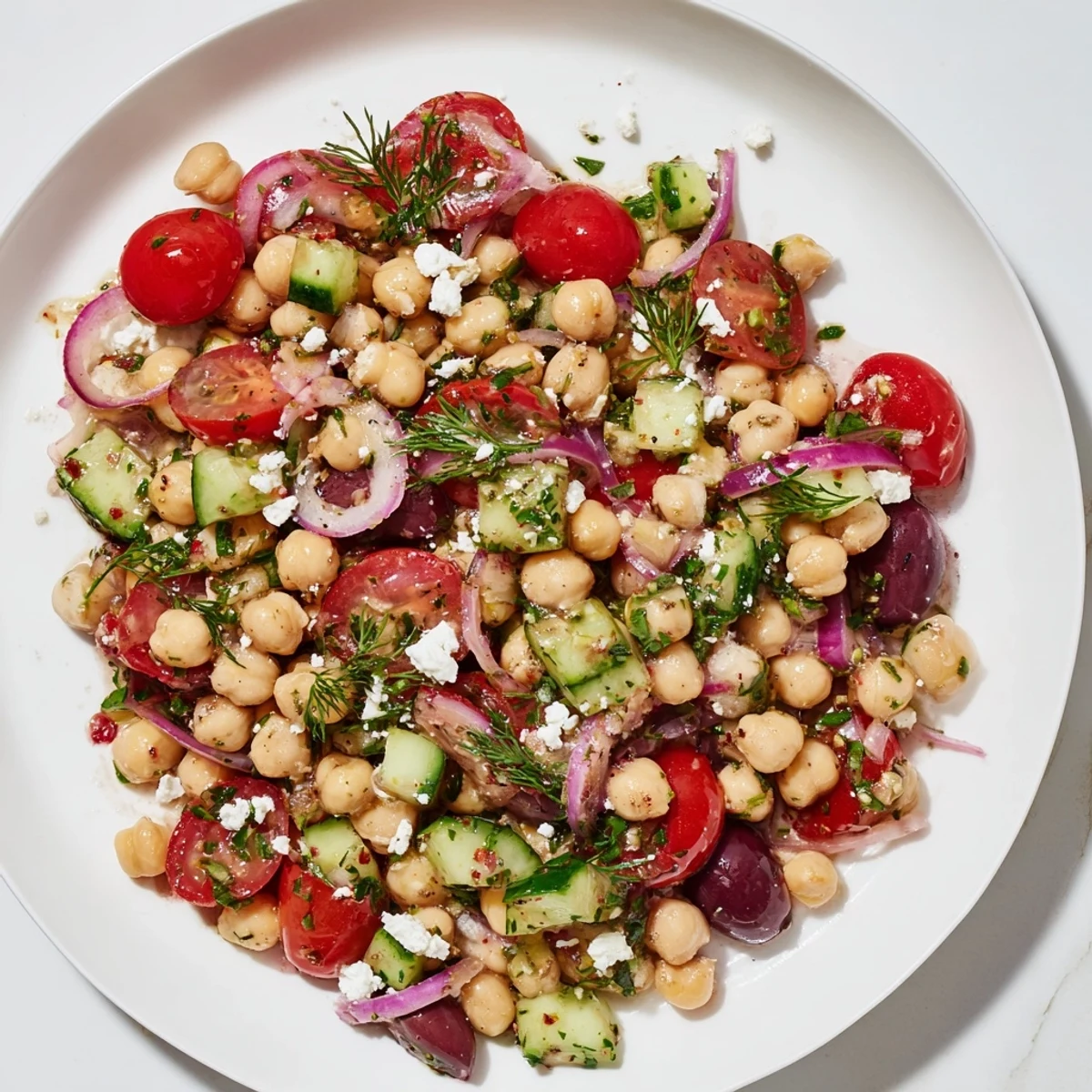 A colorful bowl of Dense Bean Salad, featuring mixed beans and chopped vegetables, drizzled with dressing.