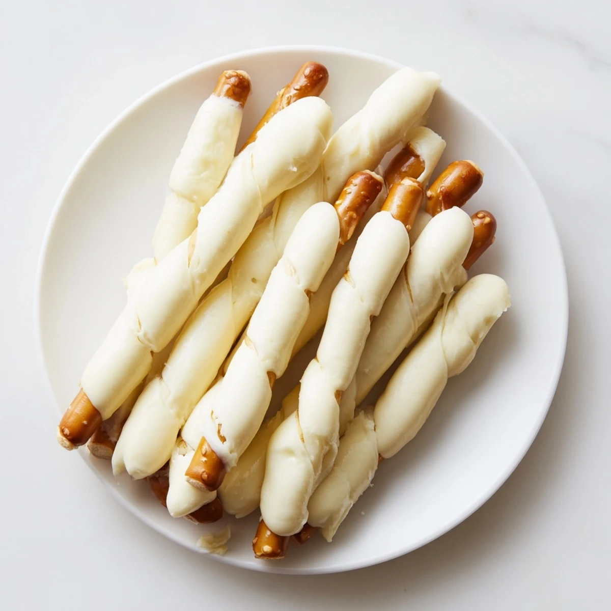 Crunchy pretzel rods poking from creamy string cheese, a fun and easy kids' snack for any occasion.