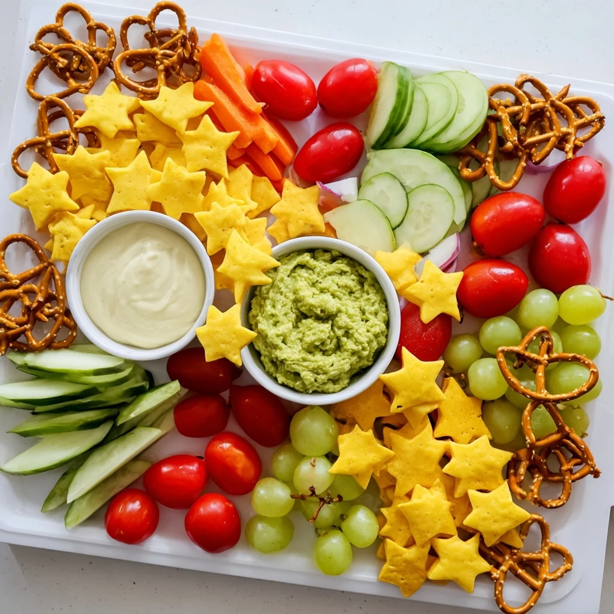A vibrant Kids Snack Adventure Map featuring pretzel paths leading to dips, cheese cutouts, and veggies.