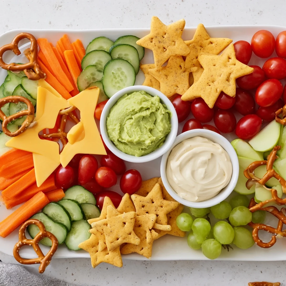 This delightful Kids Snack Adventure Map presents a colorful, fun platter with pretzel trails and healthy snacks.