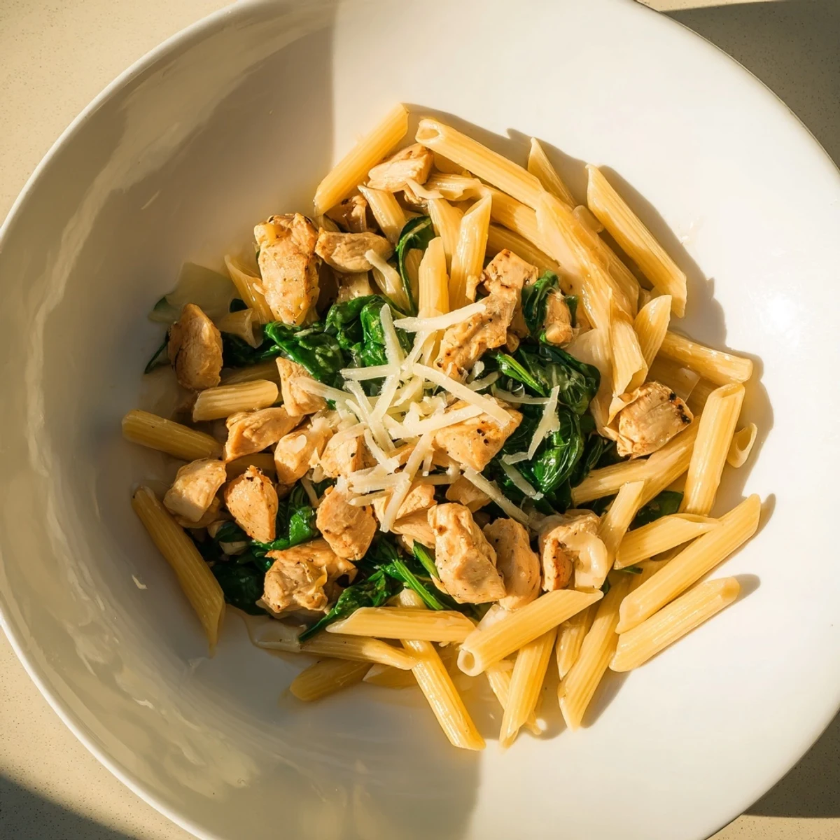 Tender One-Pot Spinach and Chicken Pasta with Parmesan, a quick Italian-American dinner idea.