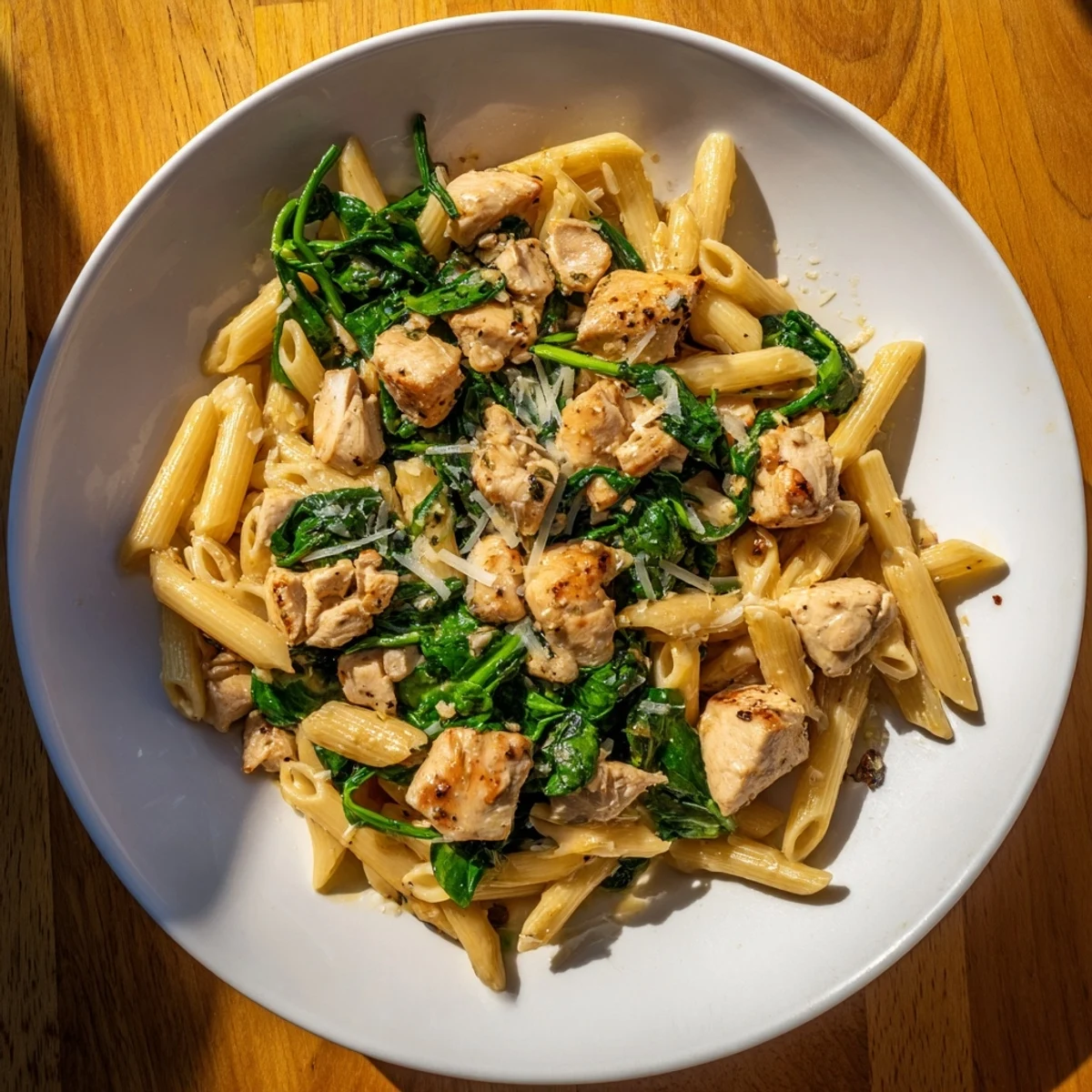 Creamy One-Pot Spinach and Chicken Pasta topped with fresh Parmesan, ready to enjoy tonight.