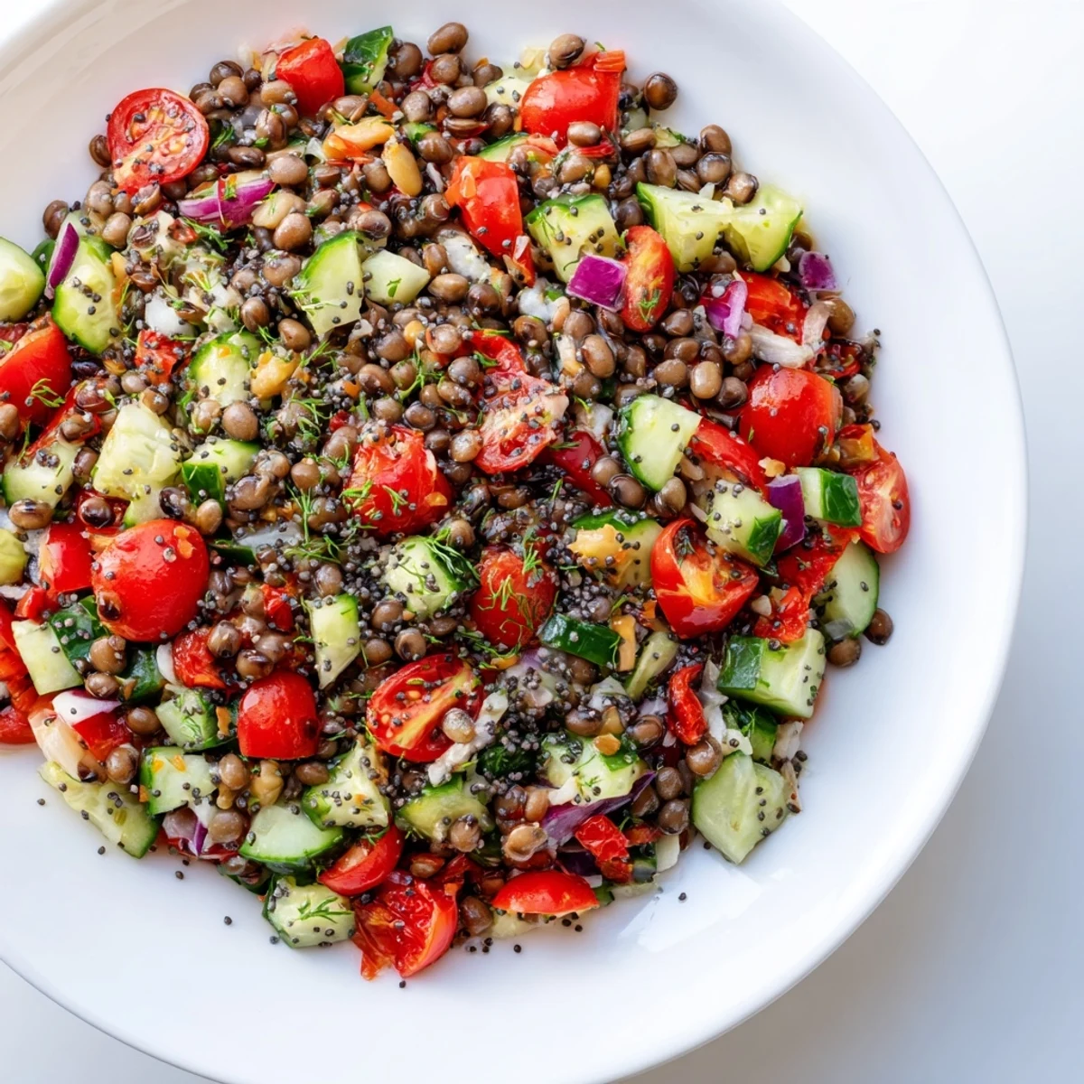 This hearty Dense Bean Salad with Wellness Seeds presents a satisfying mix of beans, vegetables, and crunchy seeds.