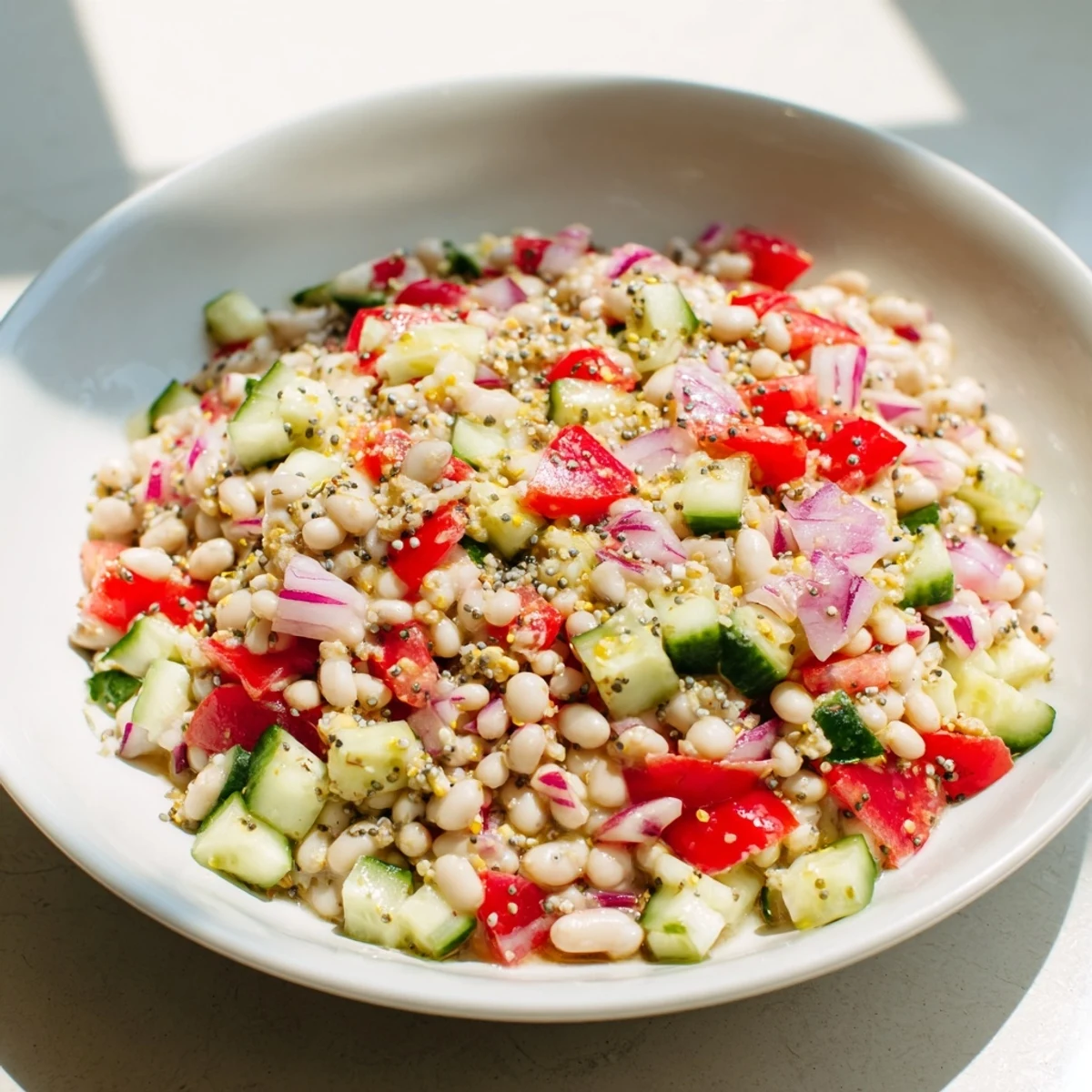 A vibrant Dense Bean Salad with Wellness Seeds, ready to serve, featuring a colorful array of fresh vegetables.