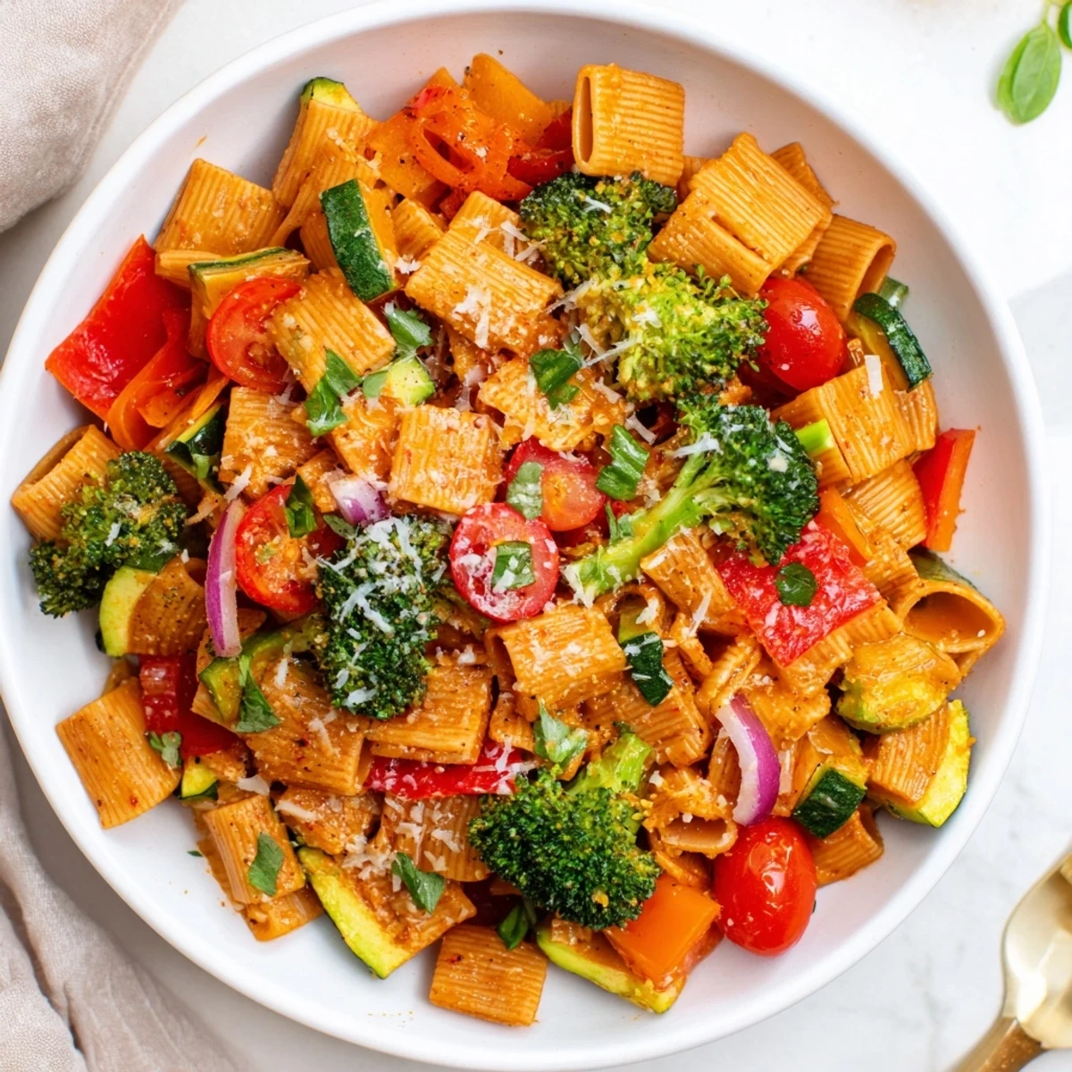 Air-fried ditalini with vibrant vegetables, a warm bowl of Italian flavor brimming with fresh herbs.