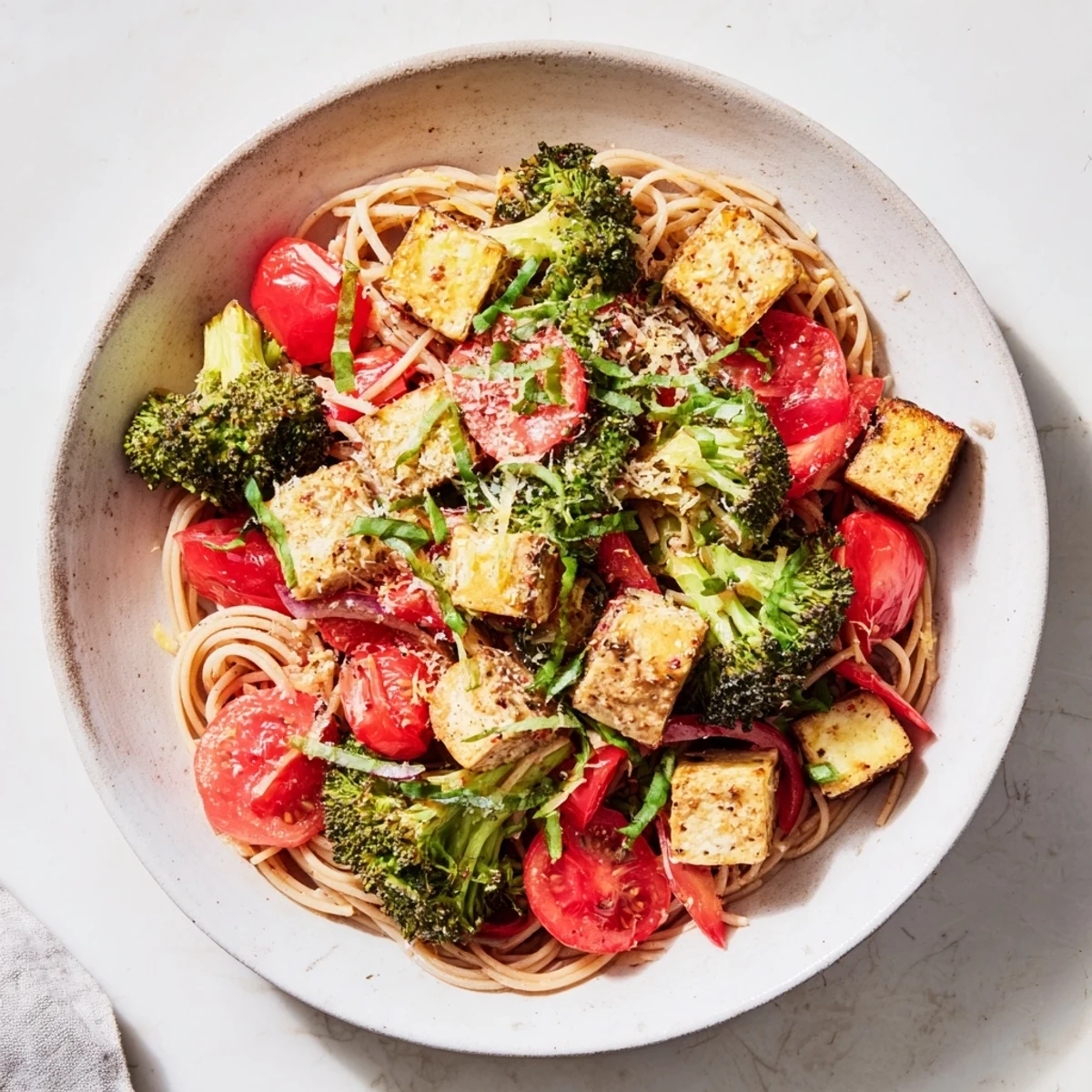 Close-up of Ditalini with Air-Fried Vegetables, a hearty vegetarian meal with fresh basil garnish.