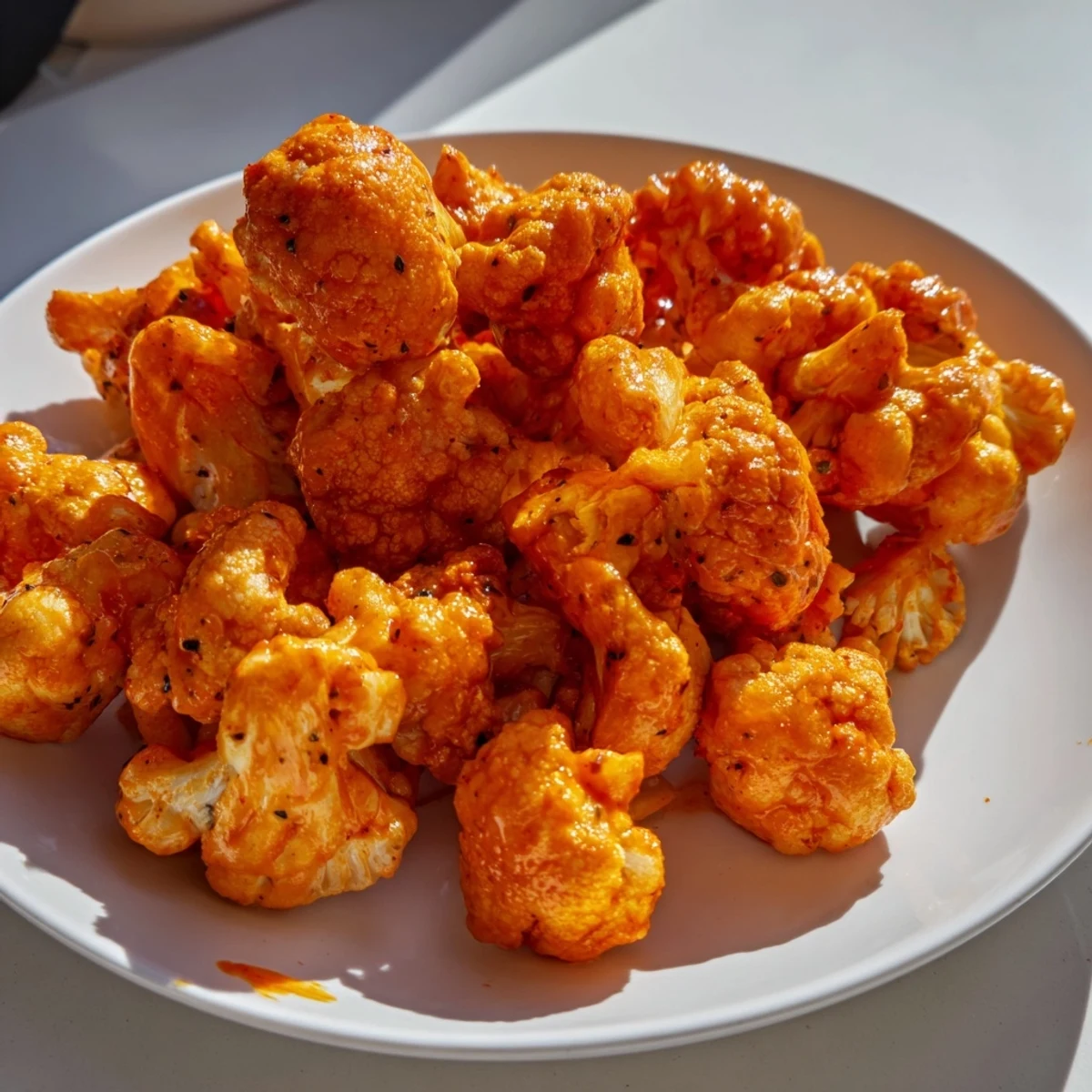 A warm bowl of saucy Sriracha-Buffalo Cauliflower Bites, showing their perfectly caramelized texture.