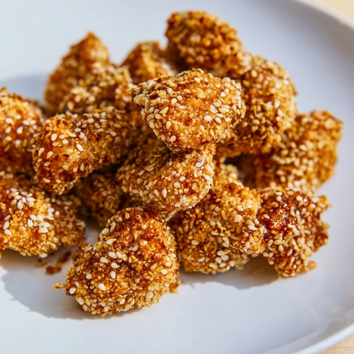 Golden and crisp spicy yogurt chicken bites, ready to serve with a creamy dipping sauce.