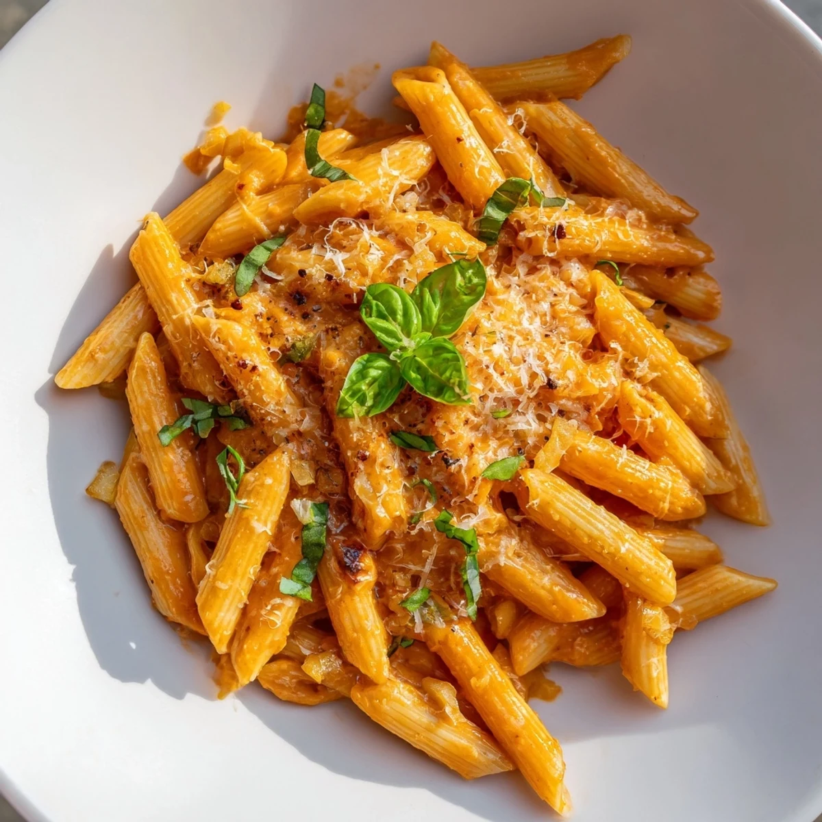Creamy Basil Garlic One-Pot Tomato Pasta, bubbling gently after being stirred, ready to serve.