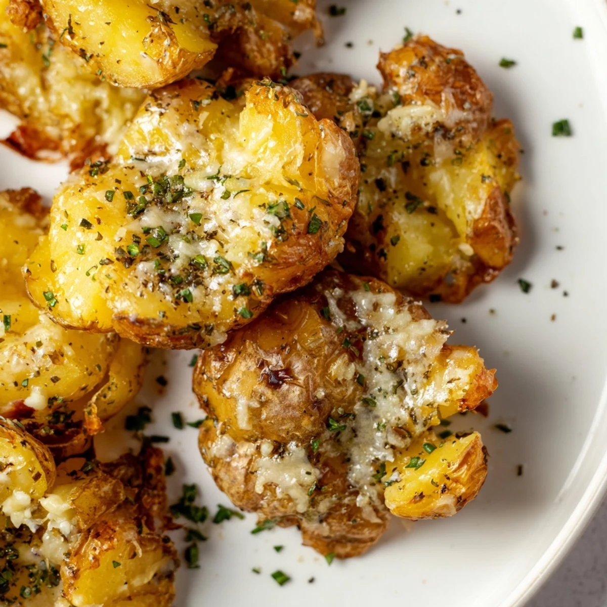 Golden, crispy Parmesan Smashed Potatoes, seasoned with garlic and herbs, ready to be served.