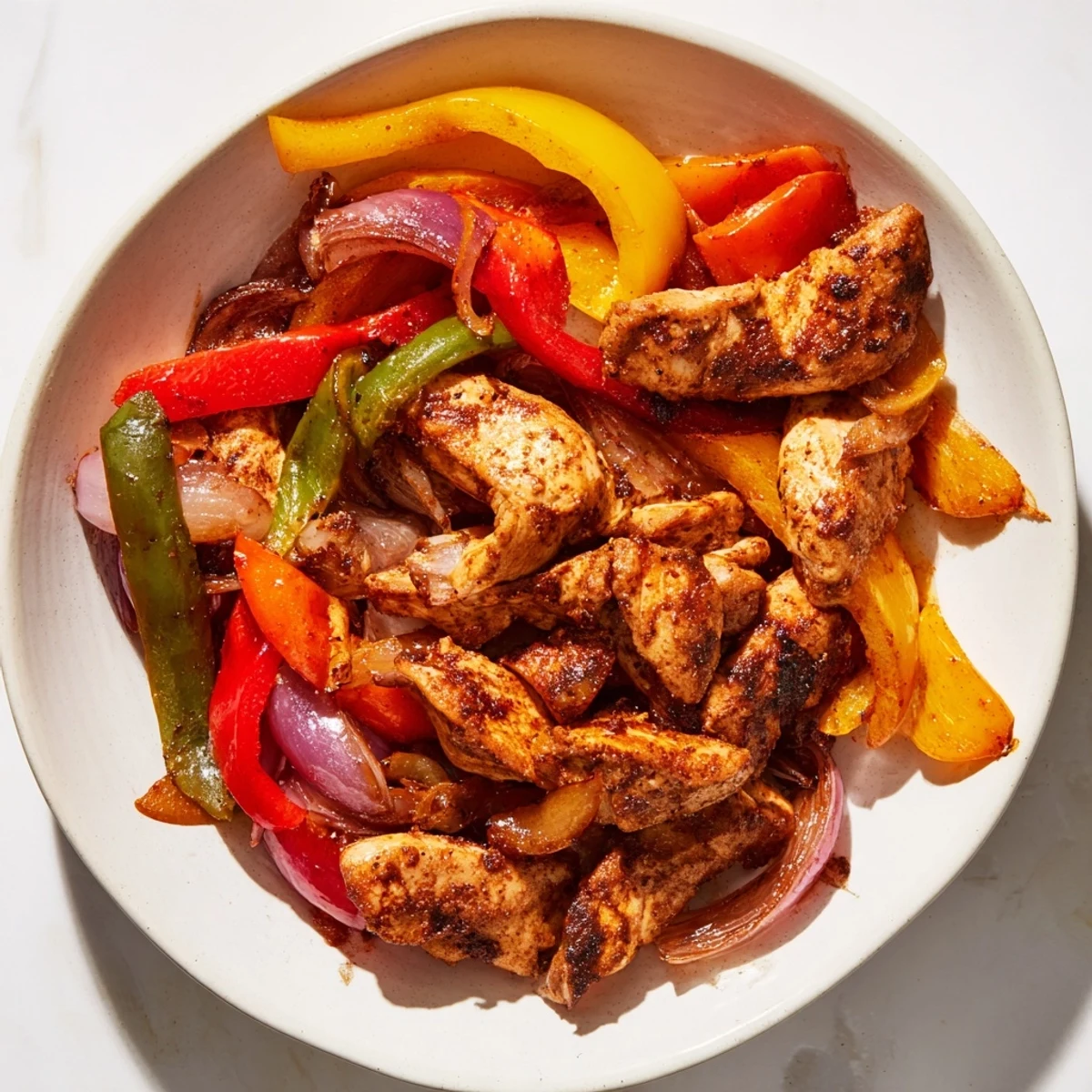 Sizzling Chicken Fajita Sheet Pan, featuring tender chicken strips and colorful roasted bell peppers, is ready to serve.