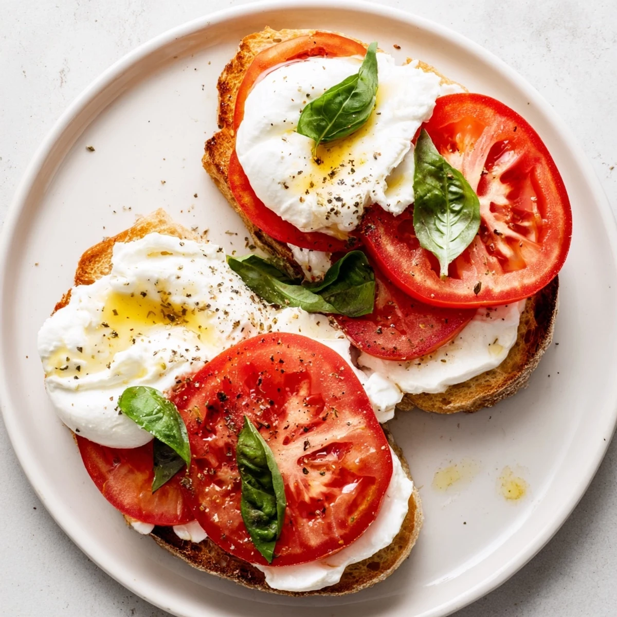 Tomato Burrata Toast topped with fresh basil and juicy red tomato slices, ready to savor.