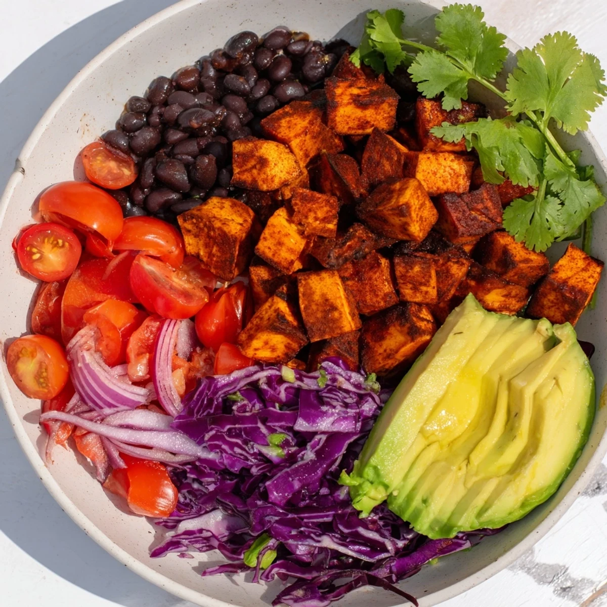 Roasted sweet potato taco bowls, a colorful vegan feast with lime dressing, fresh cilantro.