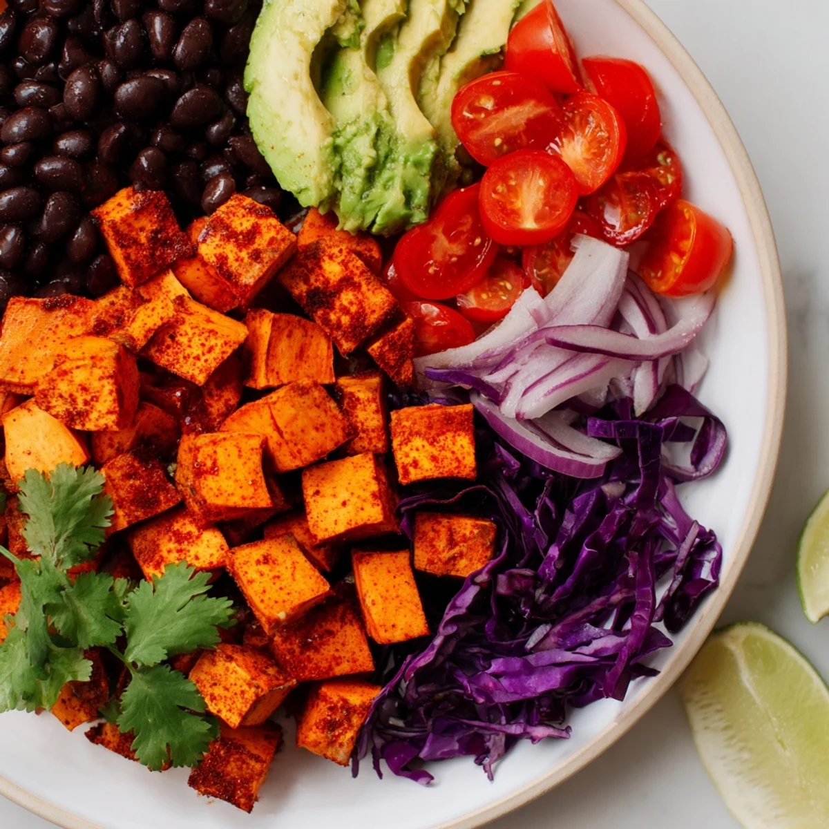 Vibrant image of sweet potato taco bowls, showcasing roasted sweet potatoes and fresh toppings, ready to eat.