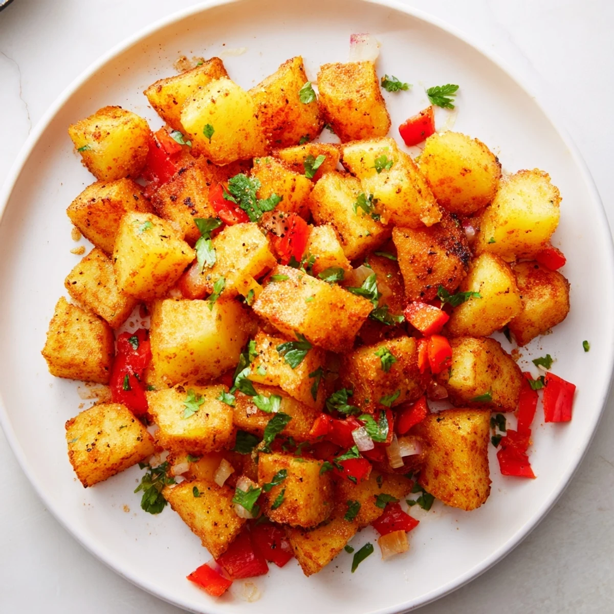 Diner-style air fryer breakfast potatoes, glistening from olive oil, paired with vibrant bell peppers and onions.