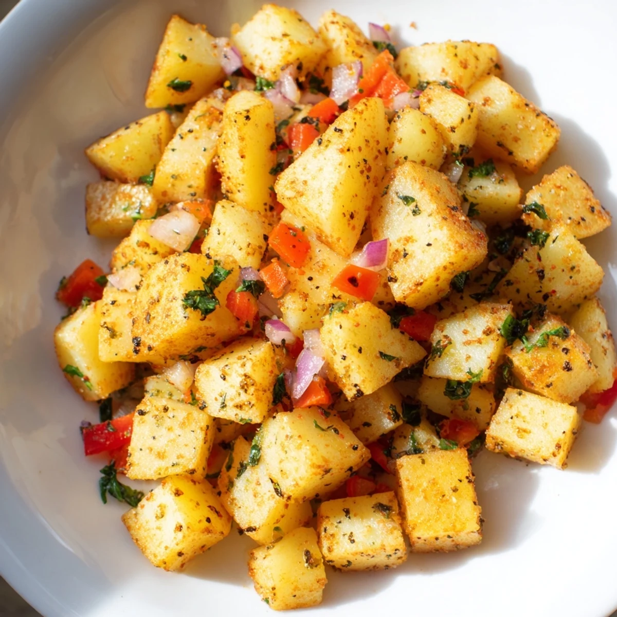 A close-up view of perfectly seasoned air fryer breakfast potatoes, the ideal side dish for a hearty brunch.