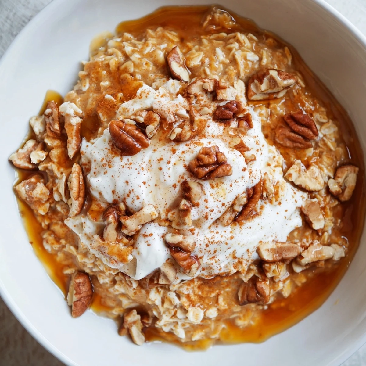 Steaming bowl of pumpkin spice latte oats with a swirl of whipped cream and pecans.