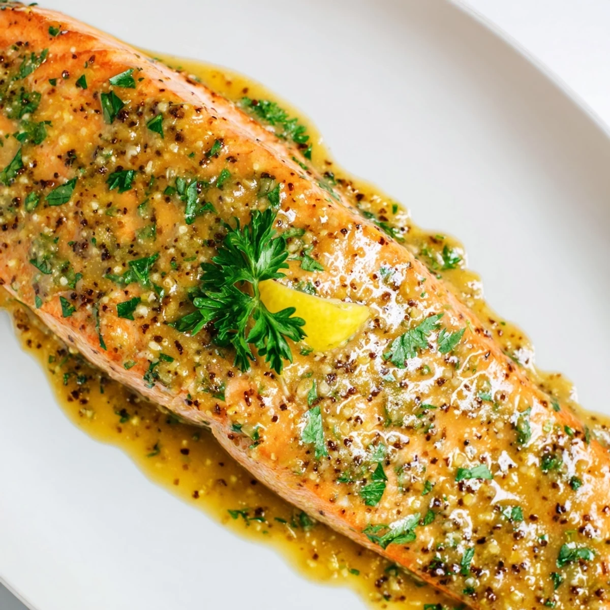 Golden-glazed Honey Mustard Salmon fillets, perfectly cooked and ready to flake with a fork.