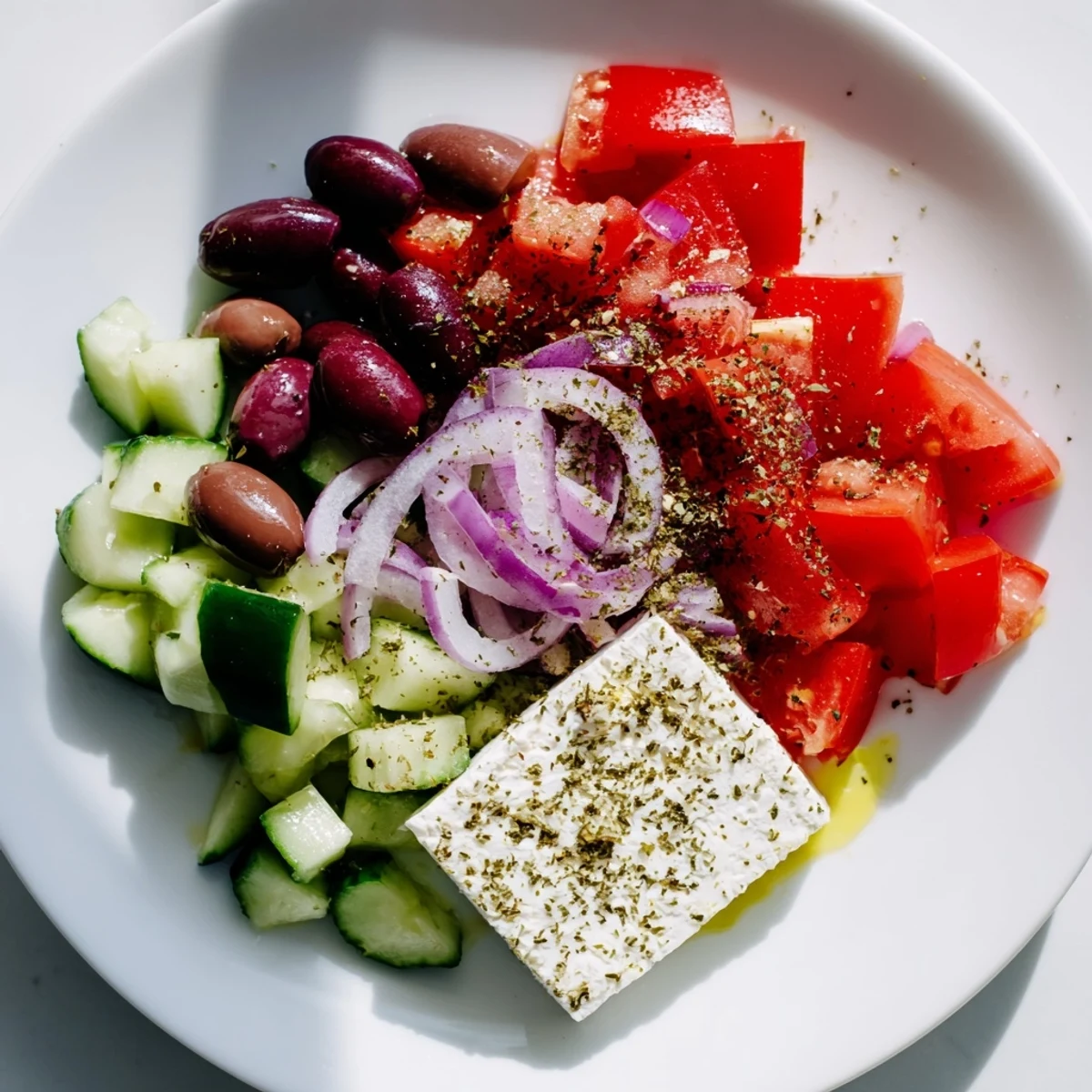 A close-up of a refreshing Mediterranean Salad with vibrant tomatoes and creamy feta cheese.