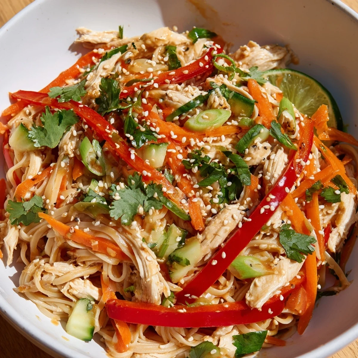 Vibrant Chilled Chicken Noodle Salad, showcasing tender chicken amidst colorful vegetables and noodles.