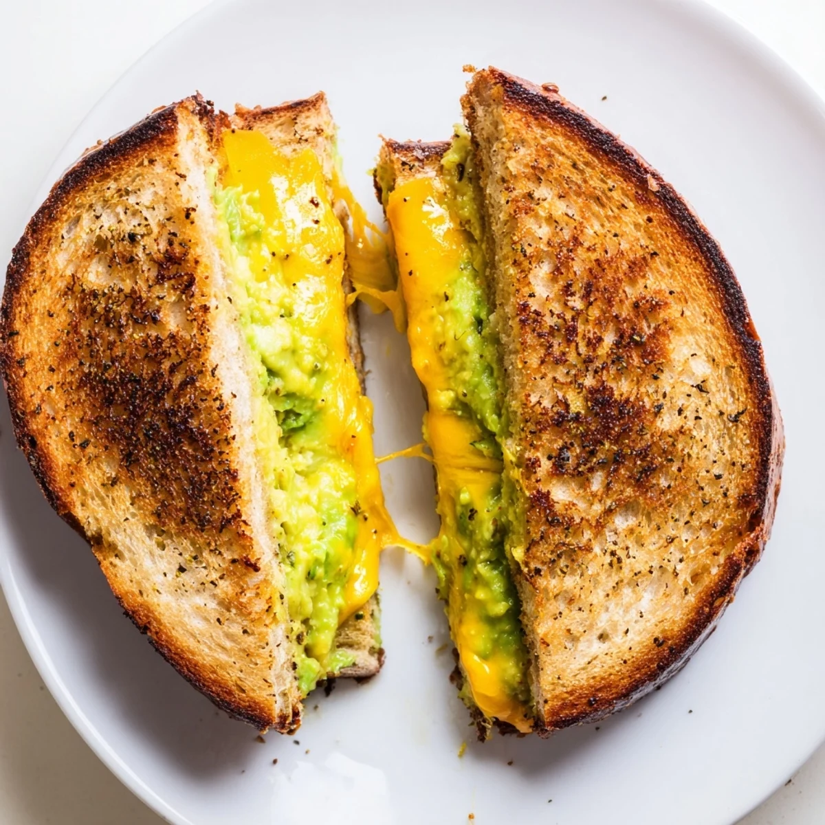 Freshly grilled avocado toast grilled cheese, buttery bread casing creamy avocado and warm, gooey cheese inside.